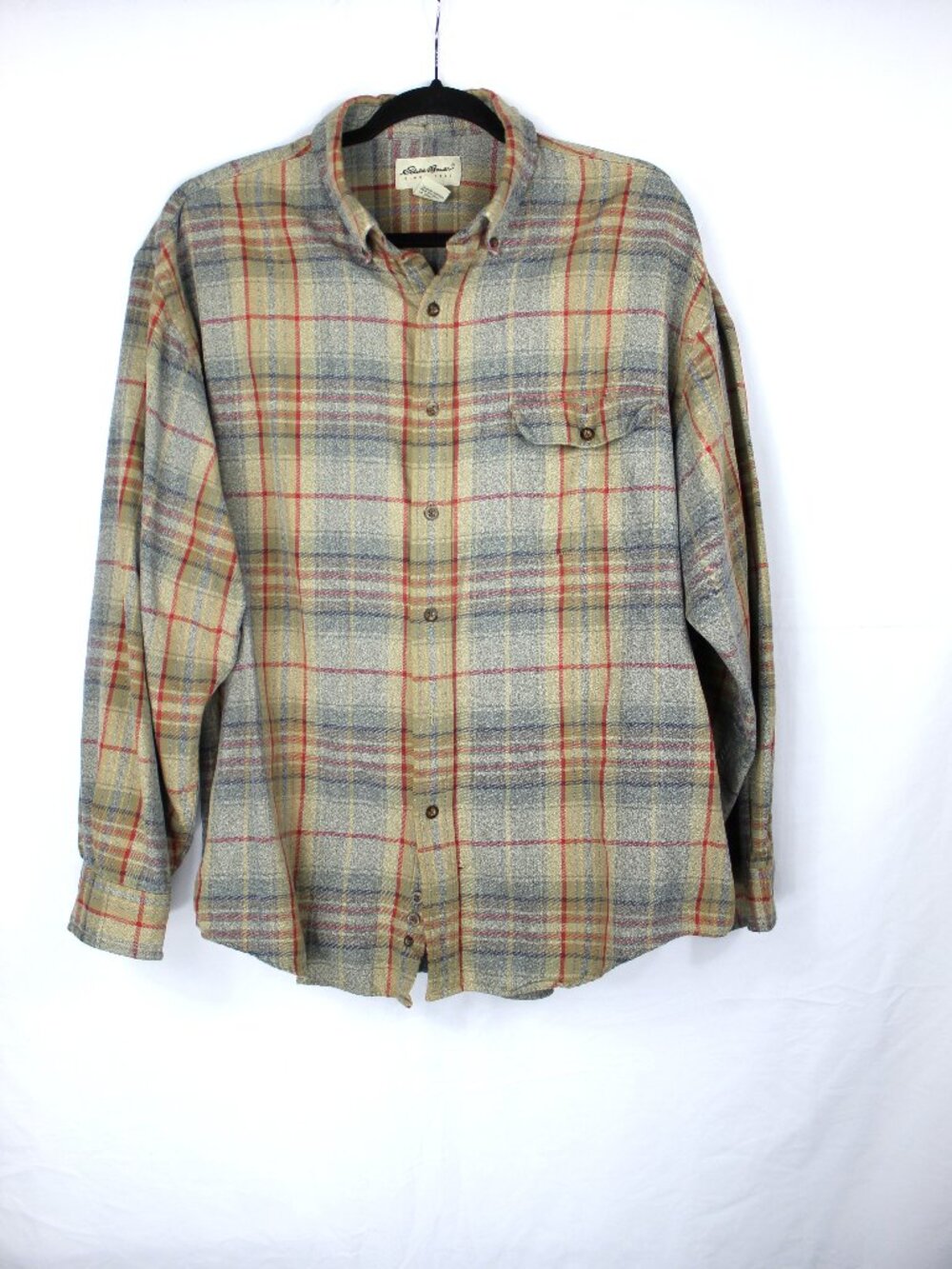 EDDIE BAUER GRAY BLUE TAN PLAID FLANNEL SHIRT MEN'S REGULAR SIZE XLARGE OUTDOOR